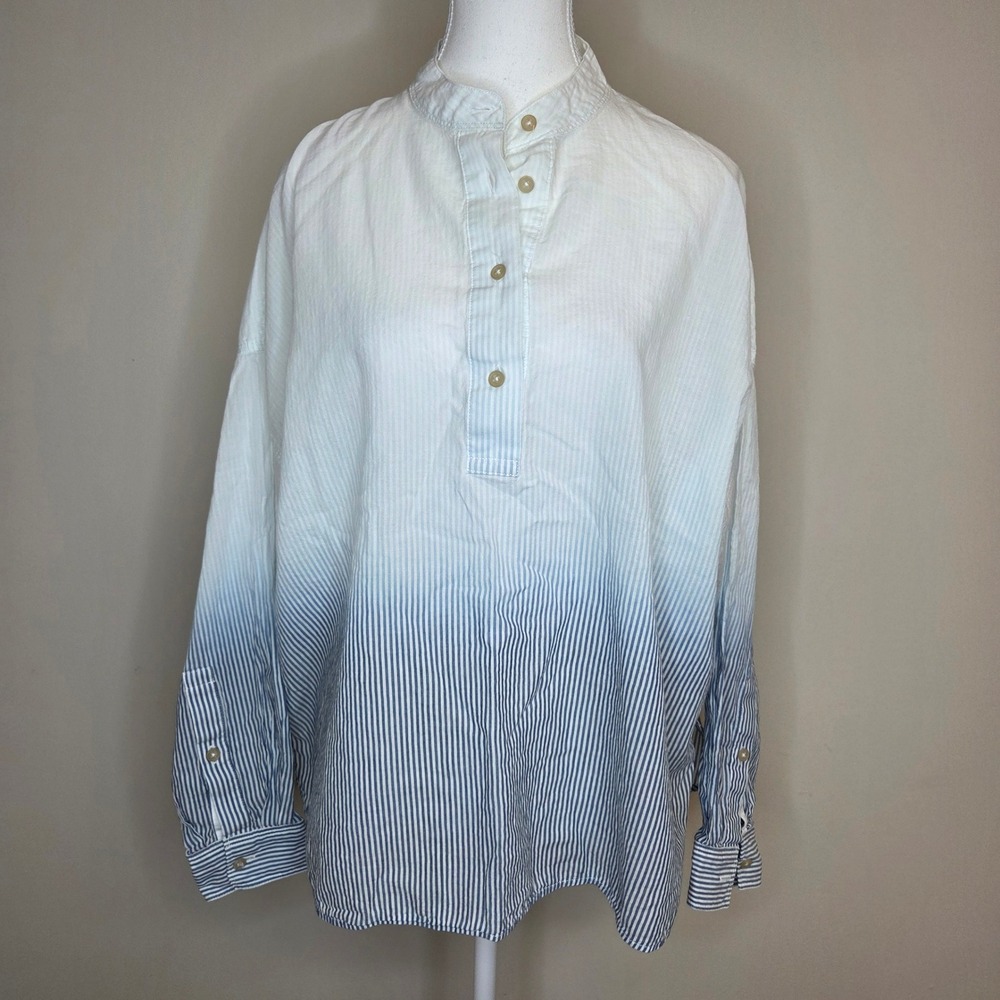 Elizabeth and James‎ Blue White Ombre Pinstripe Band Collar Blouse XS